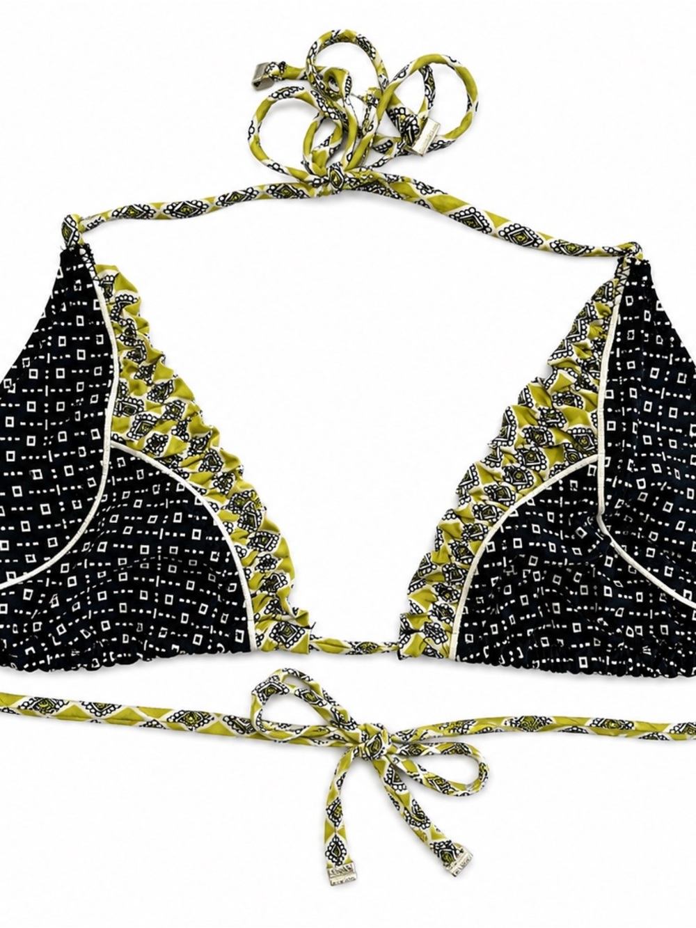 Betsey Johnson Black & Yellow/Green Patterned Triangle StringBikini Top Sz Small